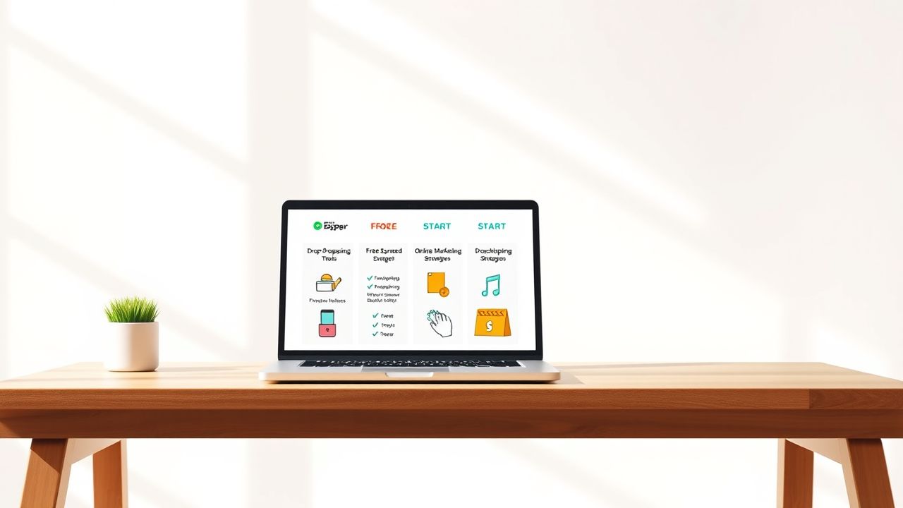 Een laptop op een houten bureau met dropshipping tools en online marketing strategieën.