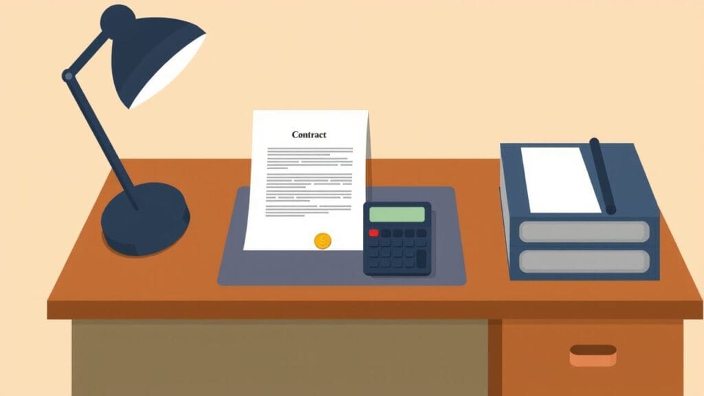 Een contractdocument, rekenmachine en munten op een kantoorbureau.