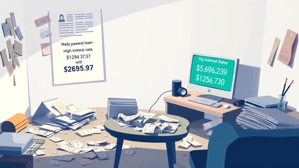 Een rommelige kamer met financiële stress en wanorde.