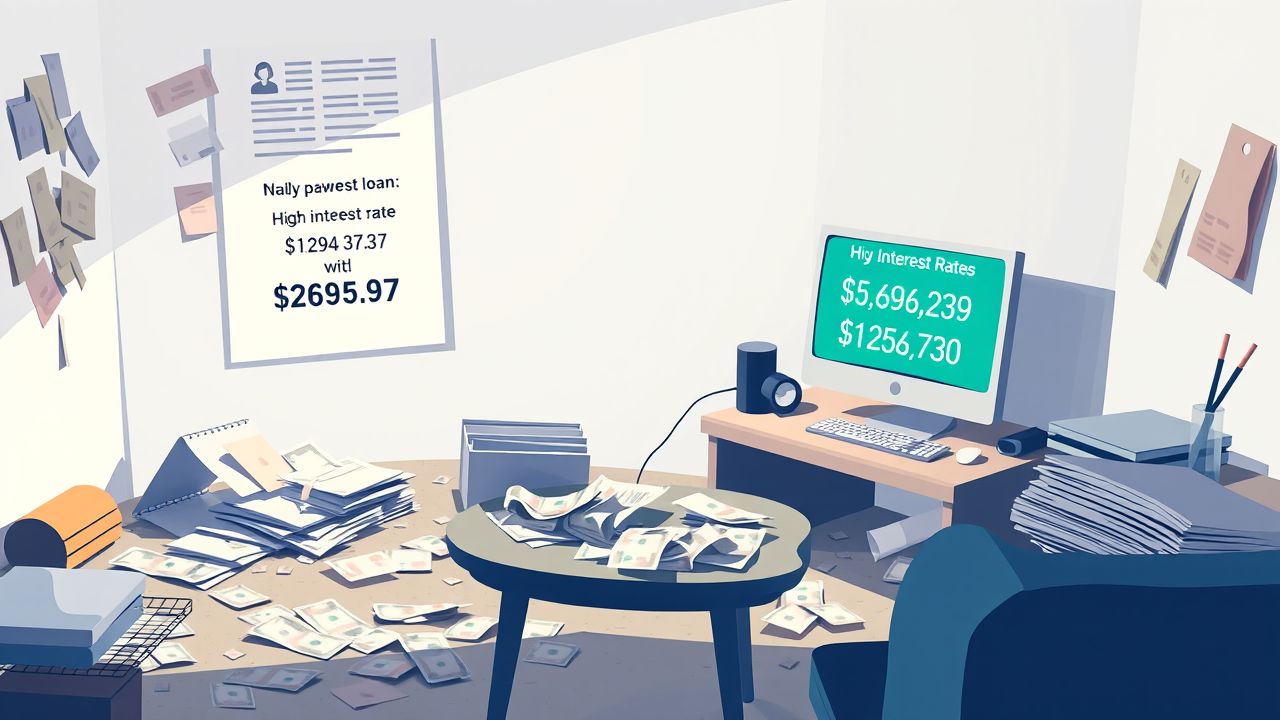 Een rommelige kamer met financiële stress en wanorde.