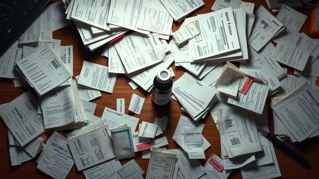 Een rommelig bureau met rekeningen en homeopathische medicijnen.