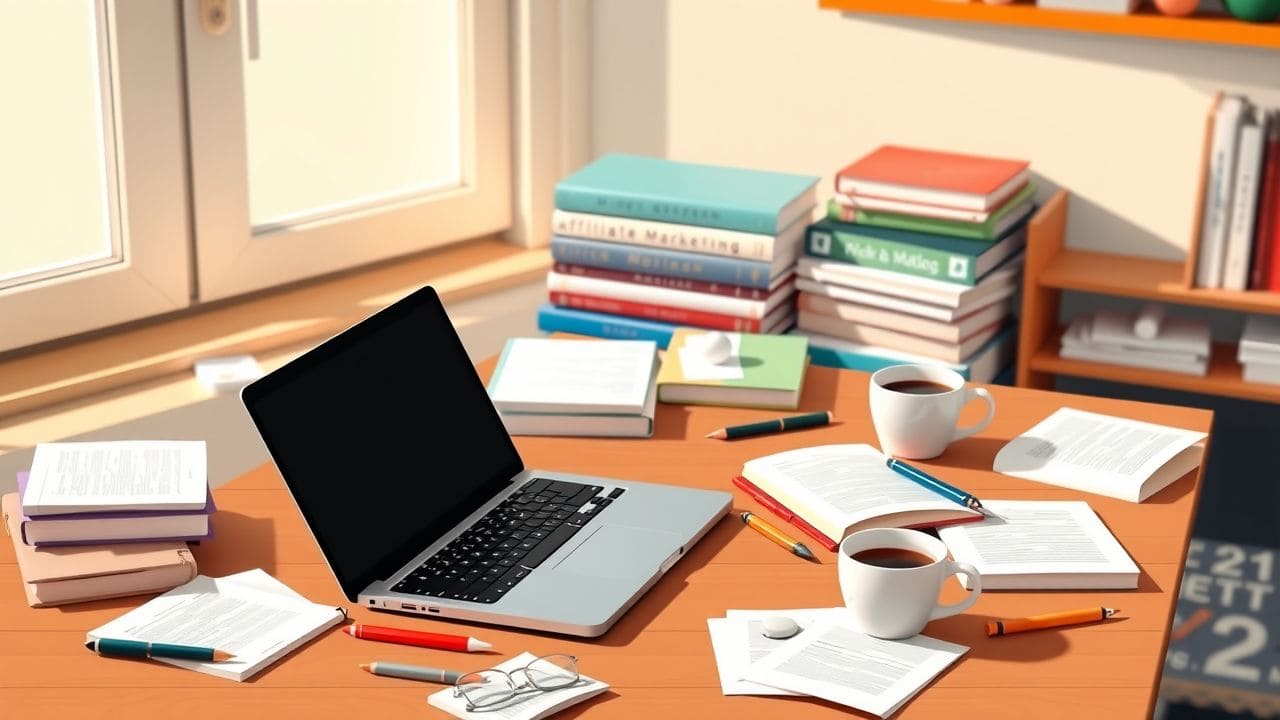 Een rommelig bureau met open laptop, notitieboeken en koffie.