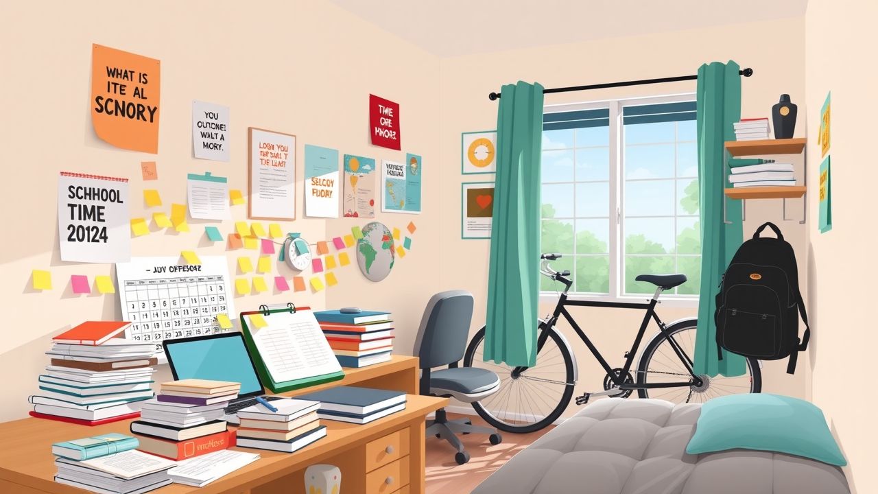 Een rommelige studentenkamer met bureau, schoolspullen en fiets bij het raam. Een rommelige studentenkamer met bureau, schoolspullen en fiets bij het raam.