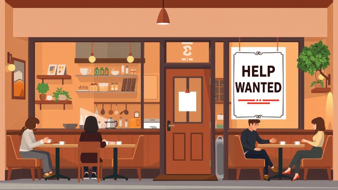 Een gezellig buurtcafé met een 'Hulp Gevraagd' bord op de deur.