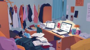 Een rommelige tienerkamer met een zoekende 15-jarige.