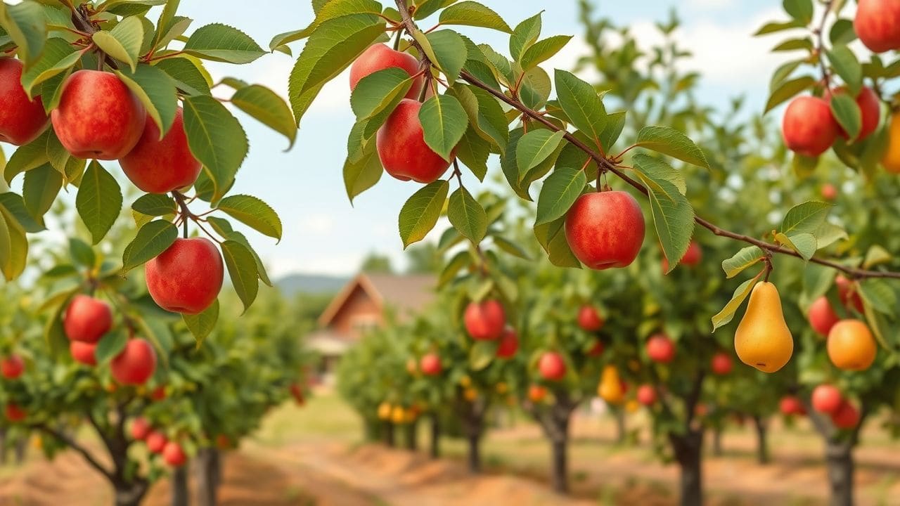 Een boomgaard met rijpe appels en peren naast een gezellige boerderij.