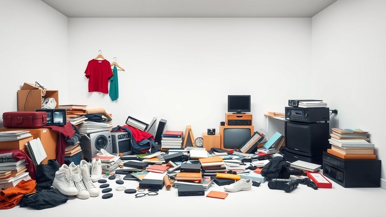 Een rommelige kamer met spullen die snel verkocht kunnen worden.