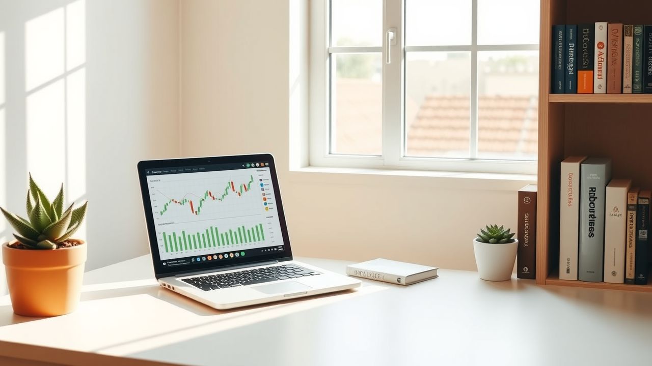 Een opgeruimd thuiskantoor met investeringsgerelateerde items en een gezellige sfeer. Een opgeruimd thuiskantoor met investeringsgerelateerde items en een gezellige sfeer.