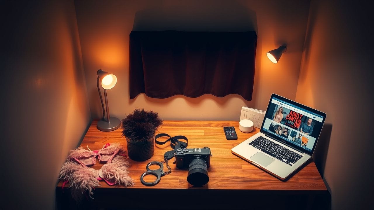 Een tafel met sensuele items en elektronica in een verlichte kamer. Een tafel met sensuele items en elektronica in een verlichte kamer.