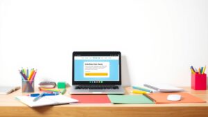 Een rommelig kinderbureau met een open laptop voor online taken.