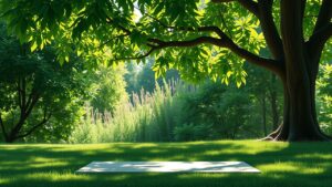 Een minimalistische natuurlijke yogasessie onder een schaduwrijke boom.