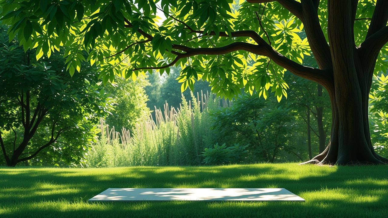 Een minimalistische natuurlijke yogasessie onder een schaduwrijke boom.
