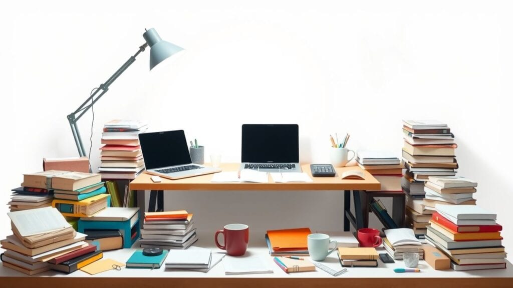 Een rommelig bureau met laptop, rekenmachine en papieren.