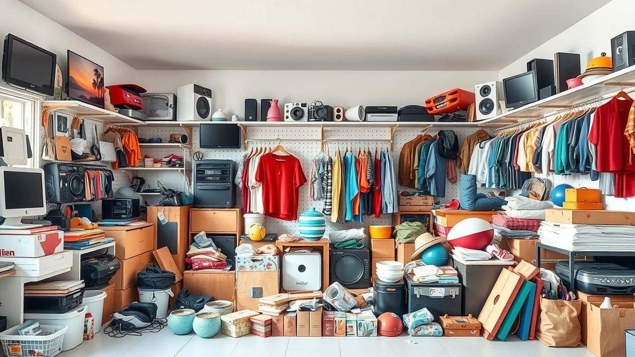 Een rommelige kamer vol met te koop items in verschillende kleuren.