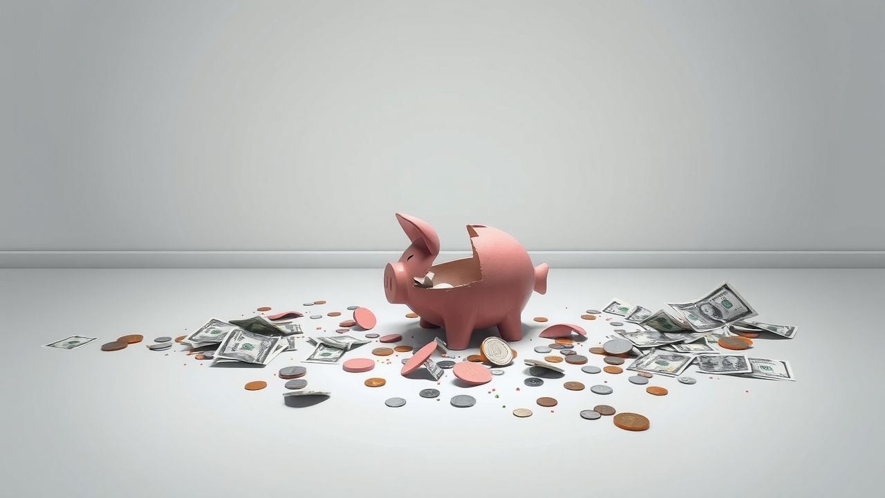 Een lege kamer met een gebroken spaarvarken en verspreide geld.