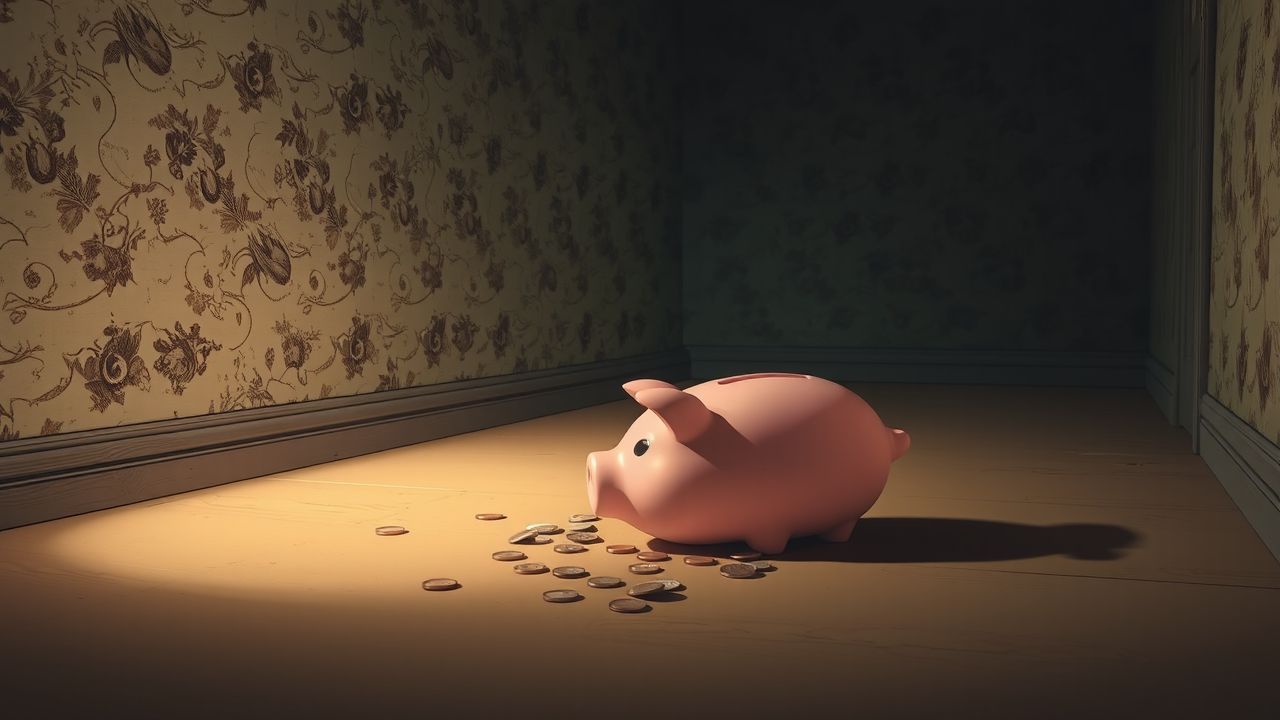 Een gebroken spaarpot ligt op de grond in een verwaarloosde kamer.