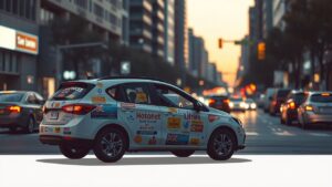 Een geparkeerde auto, bedekt met heldere reclamestickers, op straat in de stad.