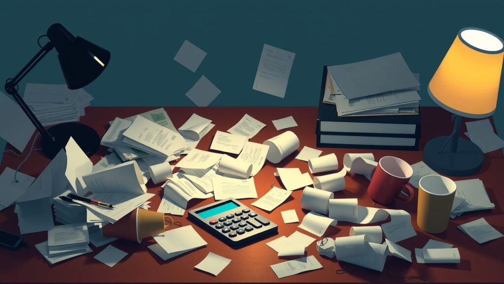 Een rommelig bureau met rekenmachine en financiële stress.