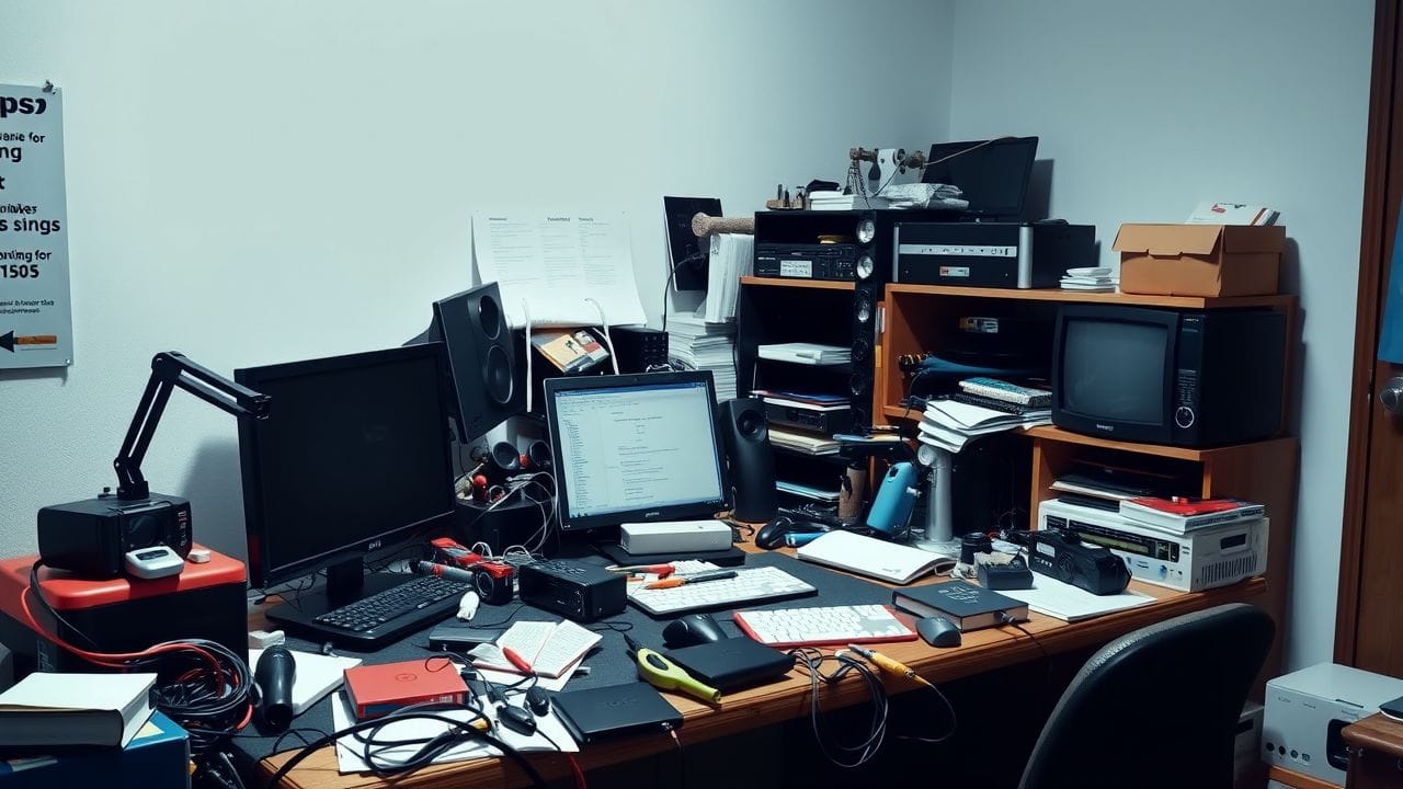 Een rommelig bureau vol met tools en apparatuur voor online geld verdienen.