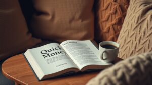 Een gezellige leeshoek met boek, koffie en kussens.