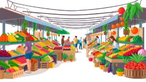 Een levendige marktscene met verse producten en levendige kleuren.
