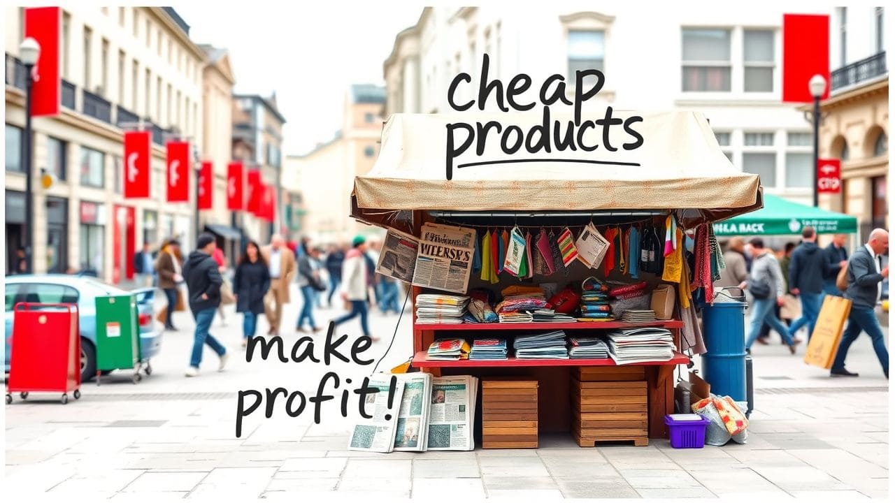 Een kleine marktkraam in een druk stadsplein met diverse producten.