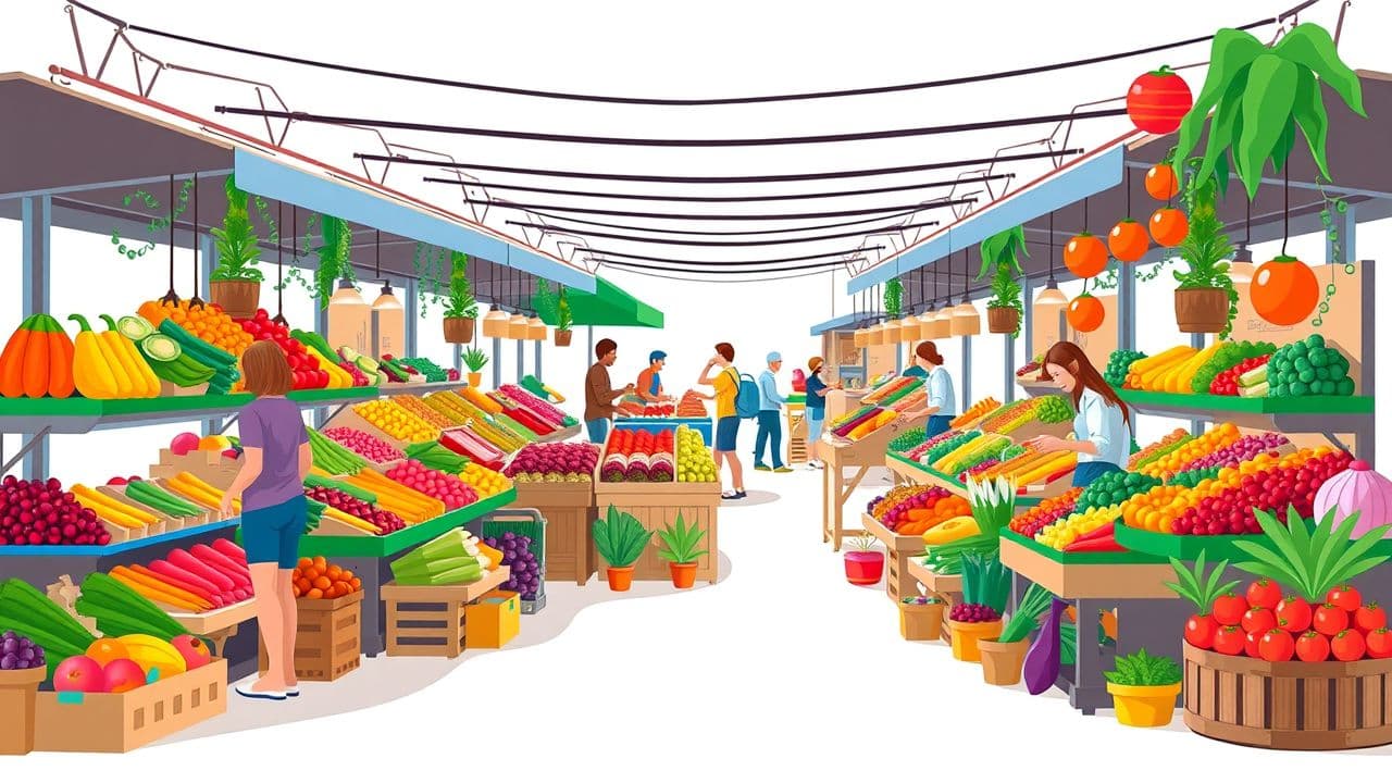 Een levendige marktscene met verse producten en levendige kleuren.