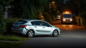 Een beschadigde zilveren Opel Astra wordt weggesleept van een rustige straat.