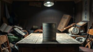 Een oude, verweerde blik wordt op een houten tafel getoond.