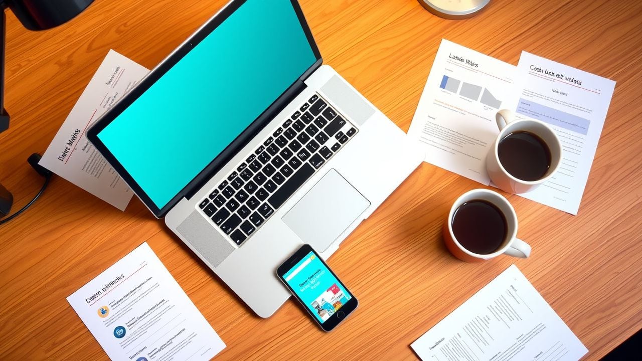 Een laptop op een bureau met papieren en een smartphone.