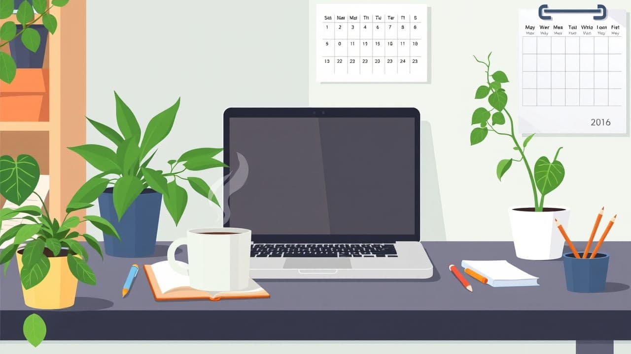 Een gezellig thuiskantoor met laptop, notitieblok en koffiemok.