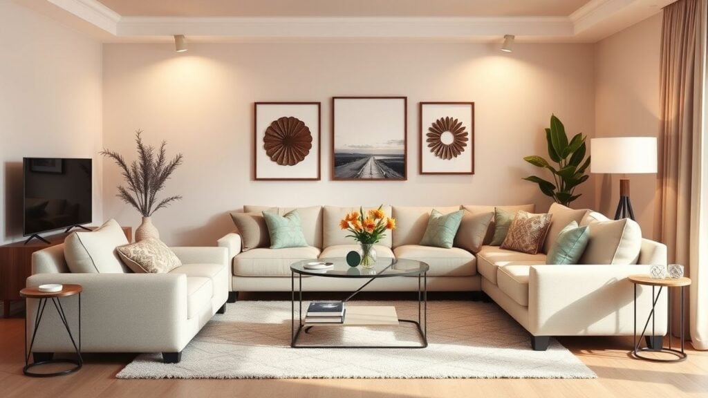 Een gezellige woonkamer ingericht in een platte designstijl door een makelaar.