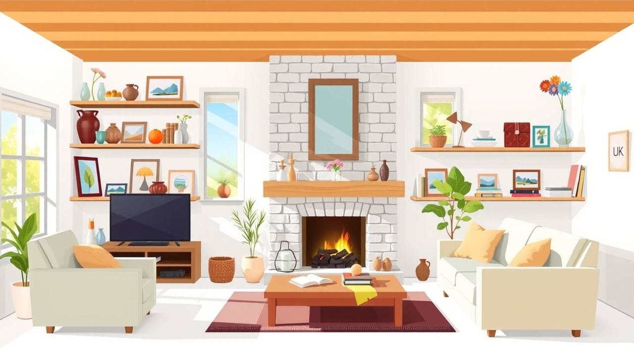 Een gezellige woonkamer met open haard en comfortabel meubilair.