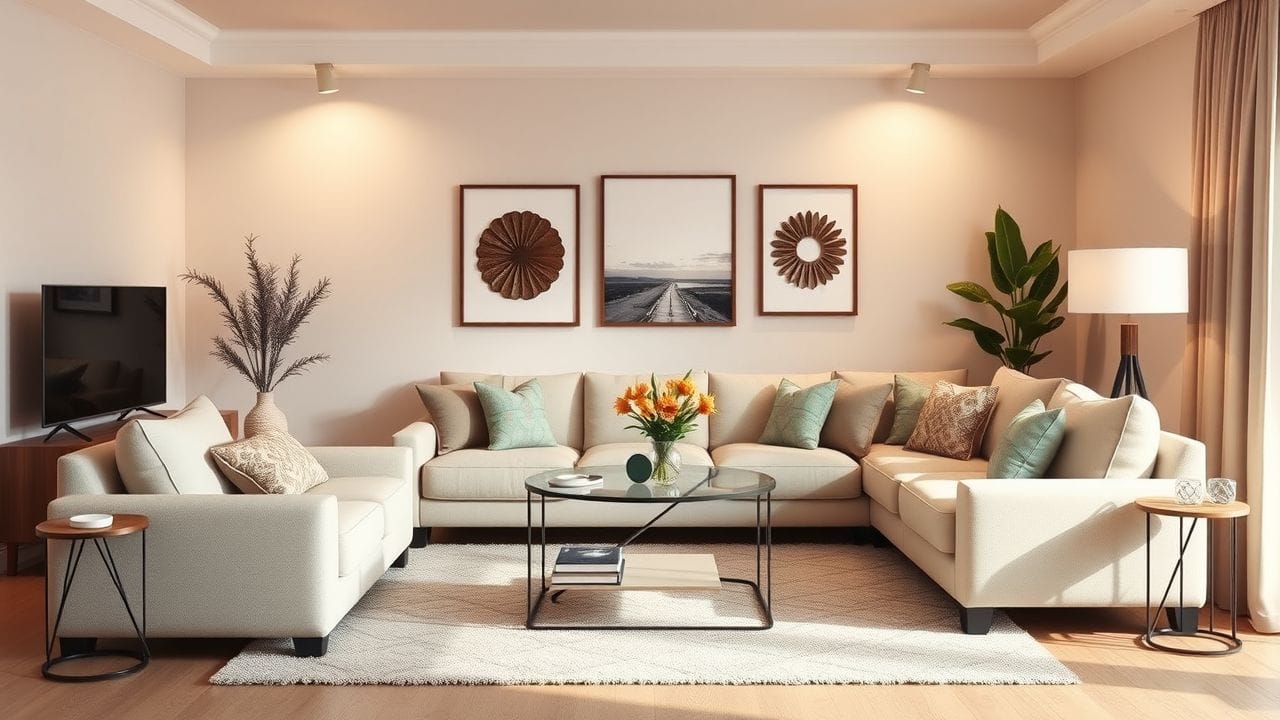 Een gezellige woonkamer ingericht in een platte designstijl door een makelaar.