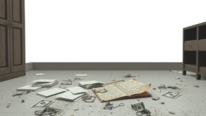 Verlaten kamer met rommel en mysterieuze sfeer.