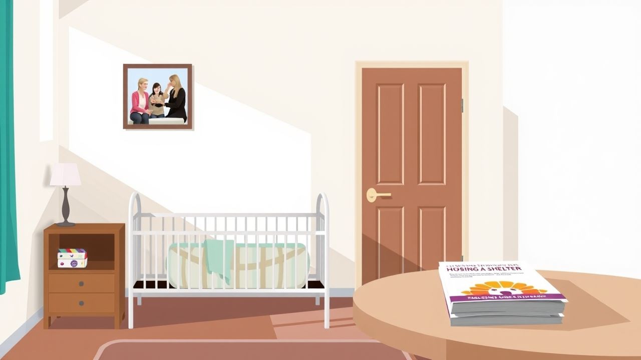 Een gezellige kamer in een vrouwenopvang met babybed en informatiebrochures.