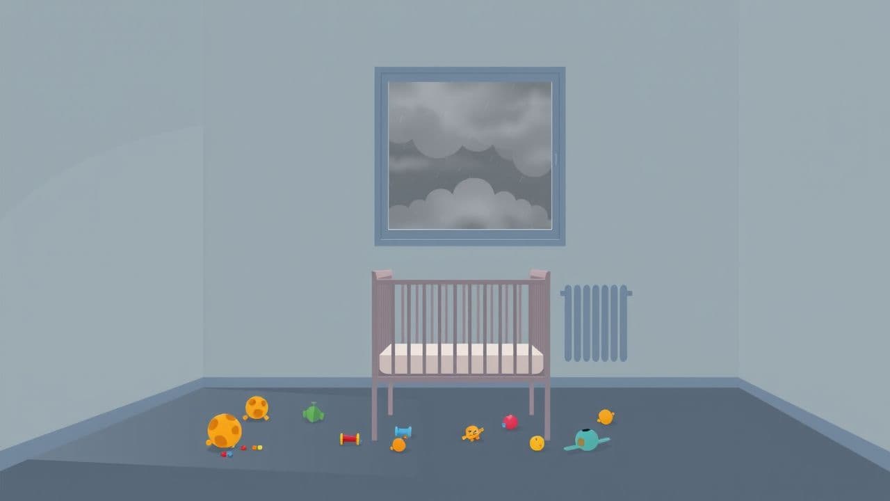 Een eenvoudige kinderkamer op een sombere dag.