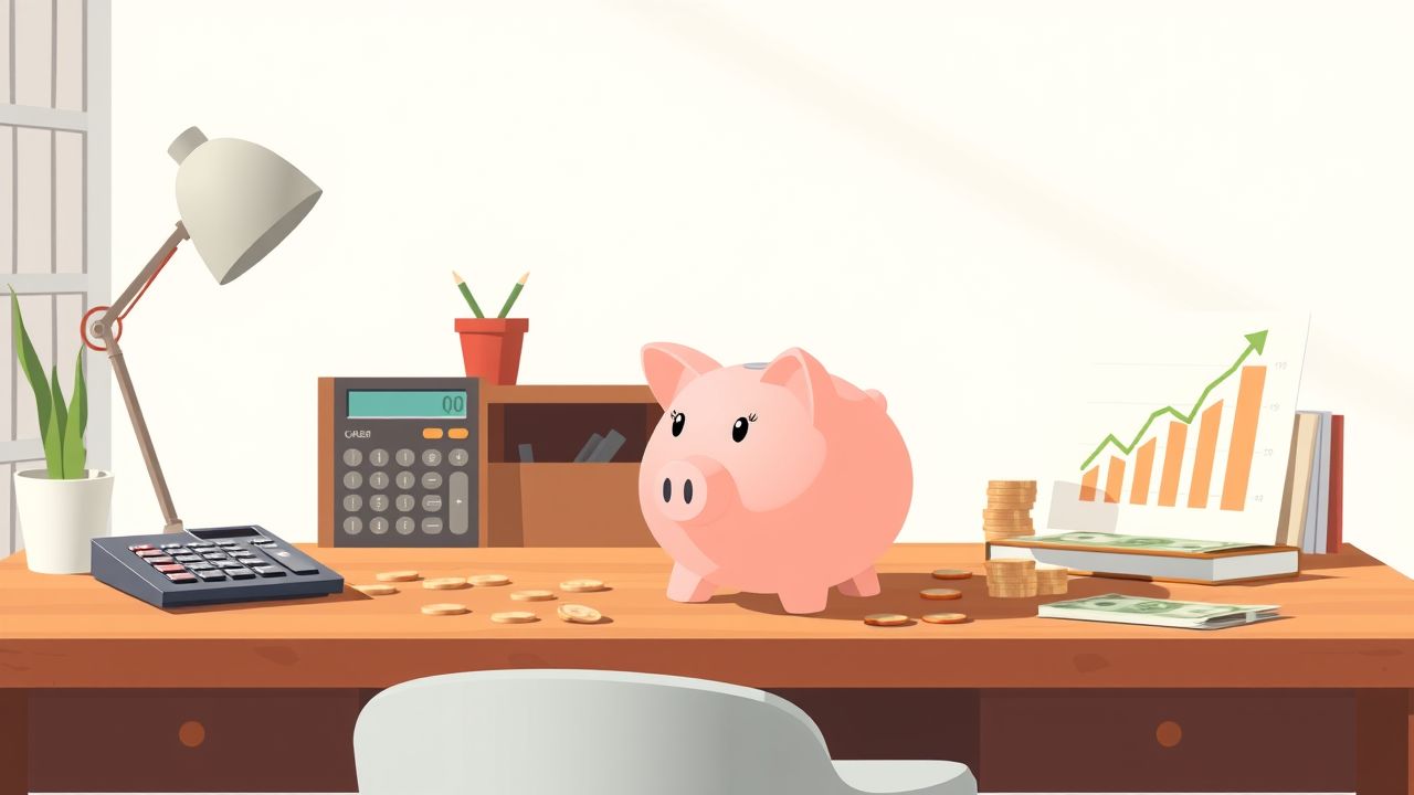 Een spaarvarken op een bureau met munten, rekenmachine en groeigrafiek. Een spaarvarken op een bureau met munten, rekenmachine en groeigrafiek.