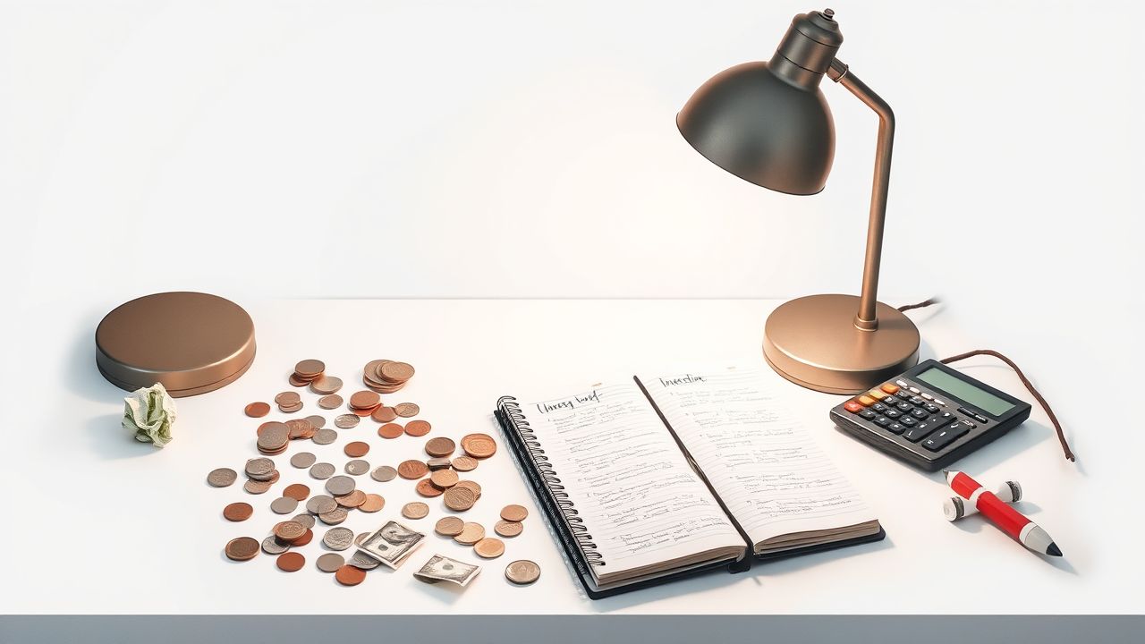 Een rommelig thuiskantoor met notities over investeringen en geld.