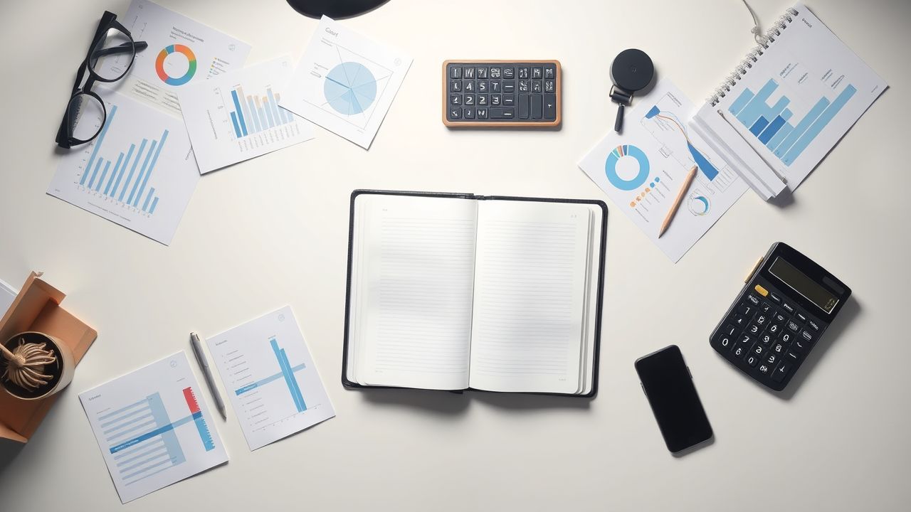 Een rommelig kantoorbureau met laptop, notitieboek en rekenmachine.