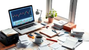 Een rommelig bureau met laptop, notitieboek en koffiekopje.