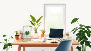 Een comfortabel thuiskantoor met een laptop, boeken en planten.