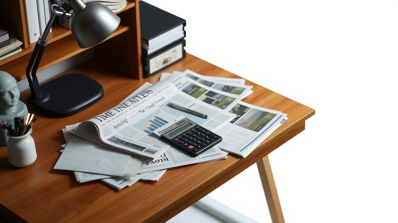 Een rommelig bureau met financiële kranten, een rekenmachine en een spaarvarken.