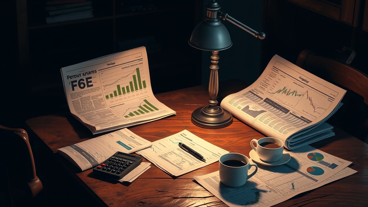 Een rommelige houten tafel met financi&euml;le documenten, een rekenmachine en koffie.