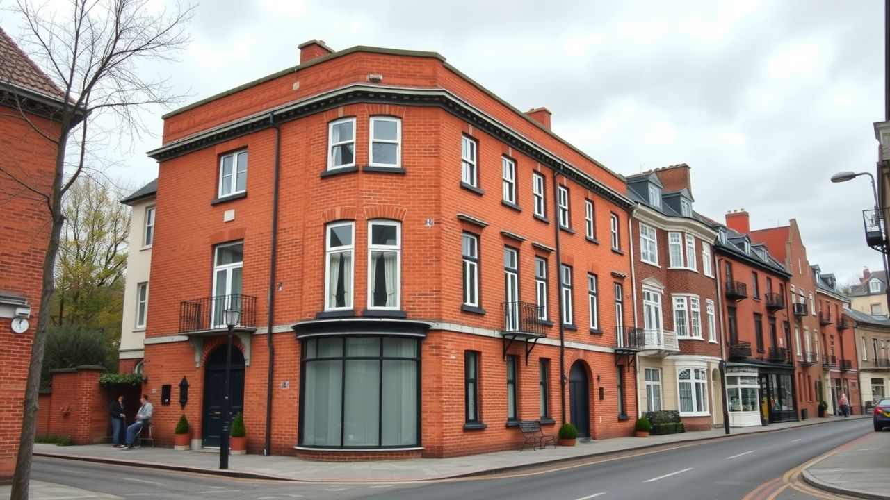Een gerenoveerd appartementencomplex met een vintage rode bakstenen gevel in een charmante Europese straat.