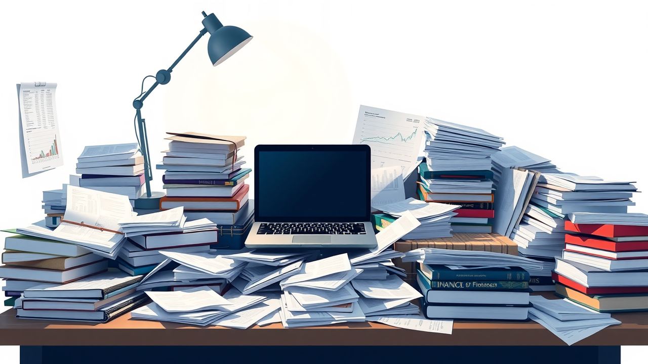 Een rommelig bureau met financiële documenten en een open laptop.