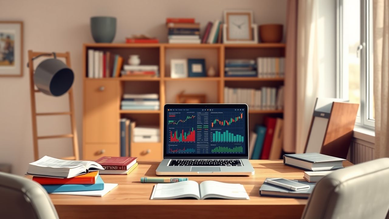Een gezellig thuiskantoor met een focus op financi&euml;le investeringen en boeken.