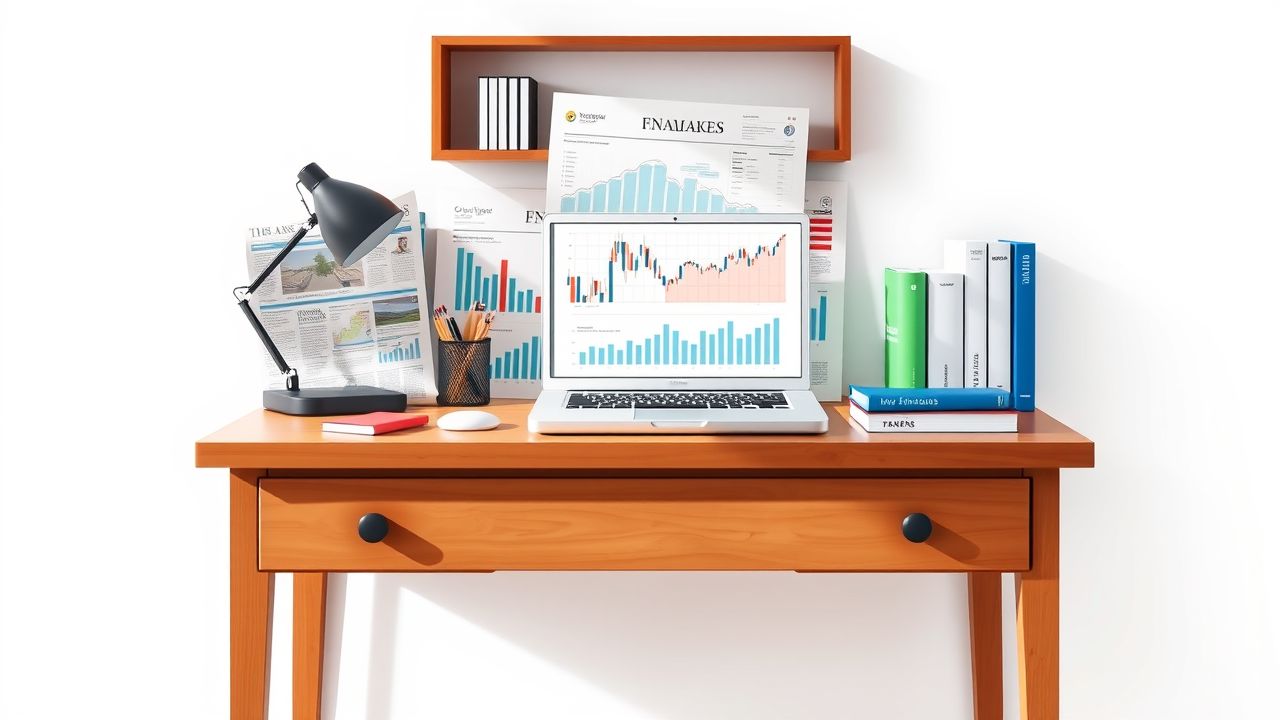 Een home office setting met een open laptop, financiële kranten en boeken.