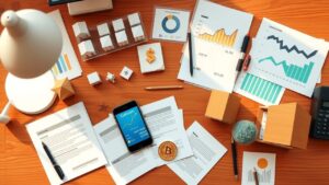 Een rommelig bureau met verschillende financiële activa en investeringen.