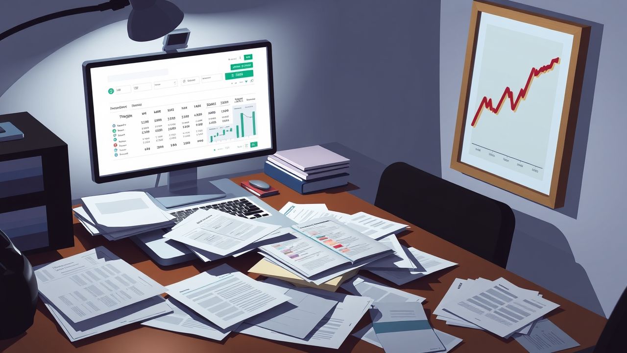 Een rommelig bureau met financi&euml;le documenten en een laptop.